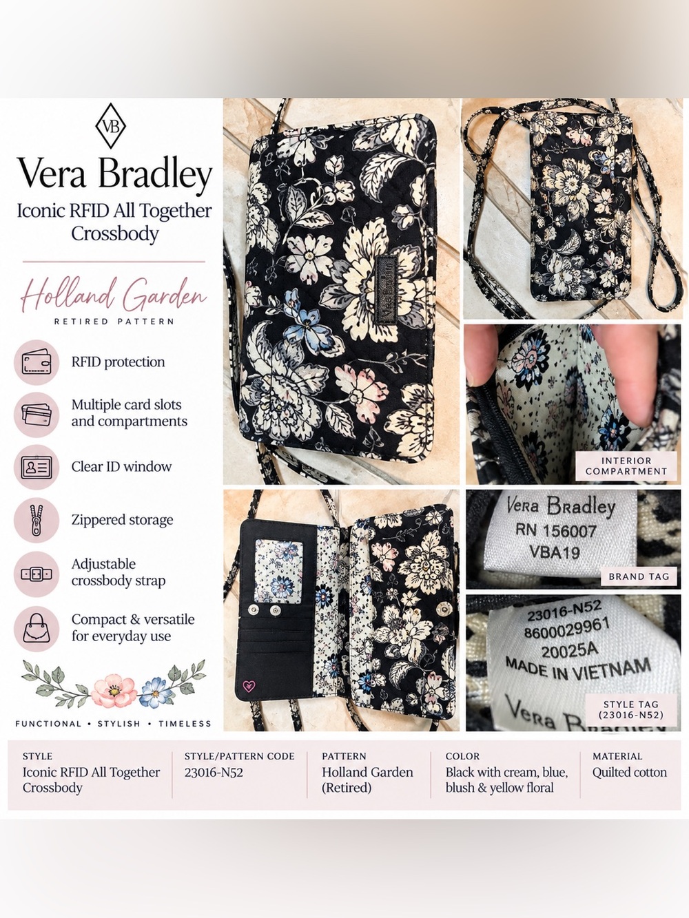 Vera Bradley Holland Garden RFID All Together Crossbody Wallet Retired Floral